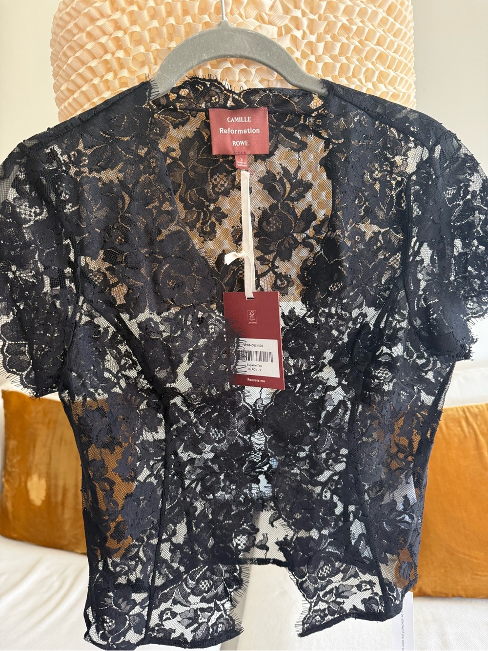 Reformation Camille Black Floral Lace Top